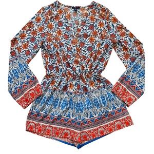 UK2LA Women’s Long Sleeve Wrap Front Romper Multicolored Pattern Boho Sz Small